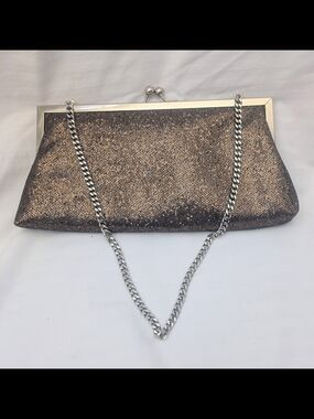 Cookie Lee Metallic Bronze and Black Evening Clutch with Chain